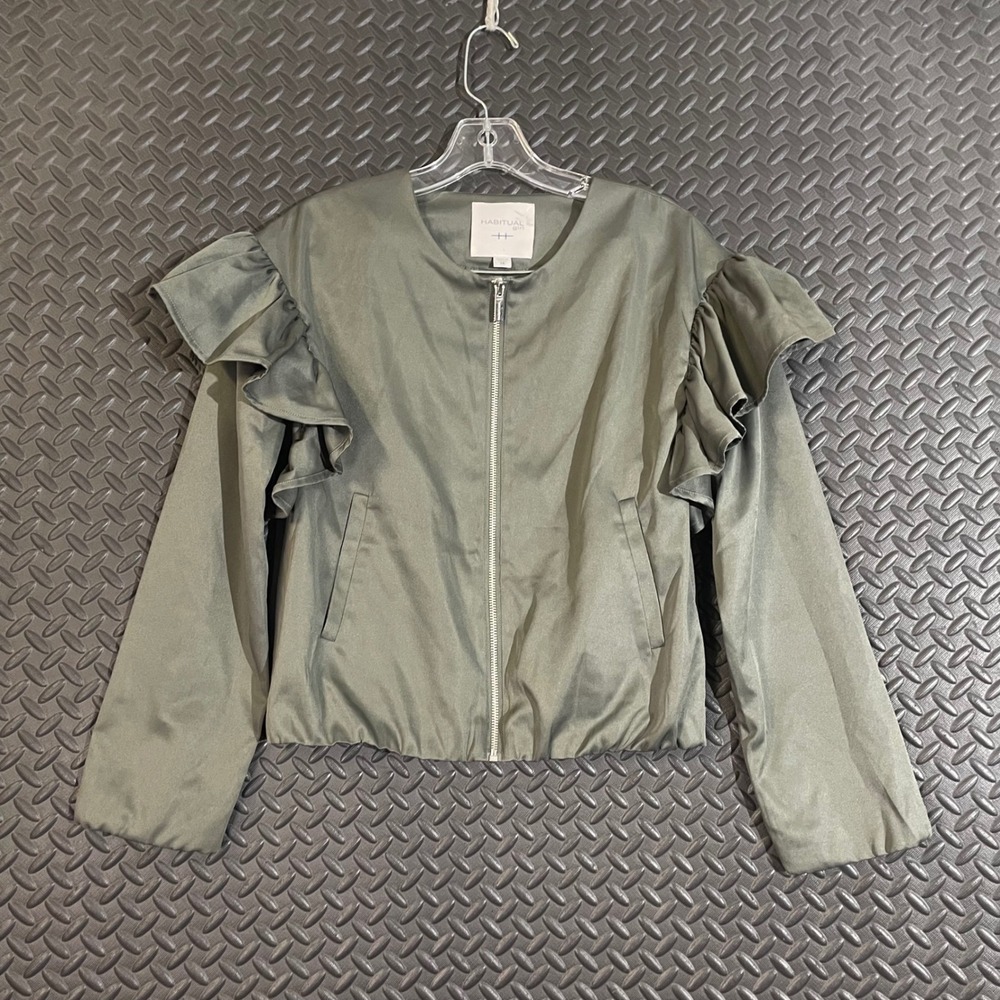Habitual Girl Olive Green Full Zip Crop Ruffle‎ Light Jacket Women's Size 14